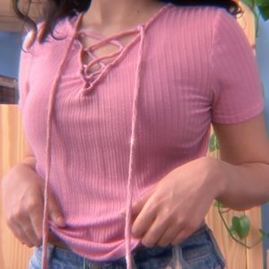 ribbed pink lace up top